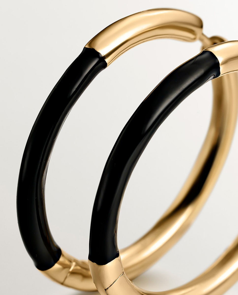 Brincos de Argola Grandes de Prata 925 Banhada a Ouro Amarelo de 18k com Esmalte em Preto Ouro-5