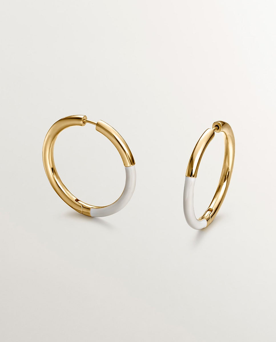 Brincos de Aro Grandes de Prata 925 Banhada em Ouro Amarelo de 18k com Esmalte em Branco Branco-1