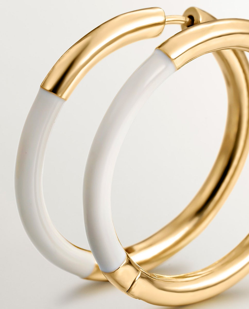 Brincos de Aro Grandes de Prata 925 Banhada em Ouro Amarelo de 18k com Esmalte em Branco Branco-5
