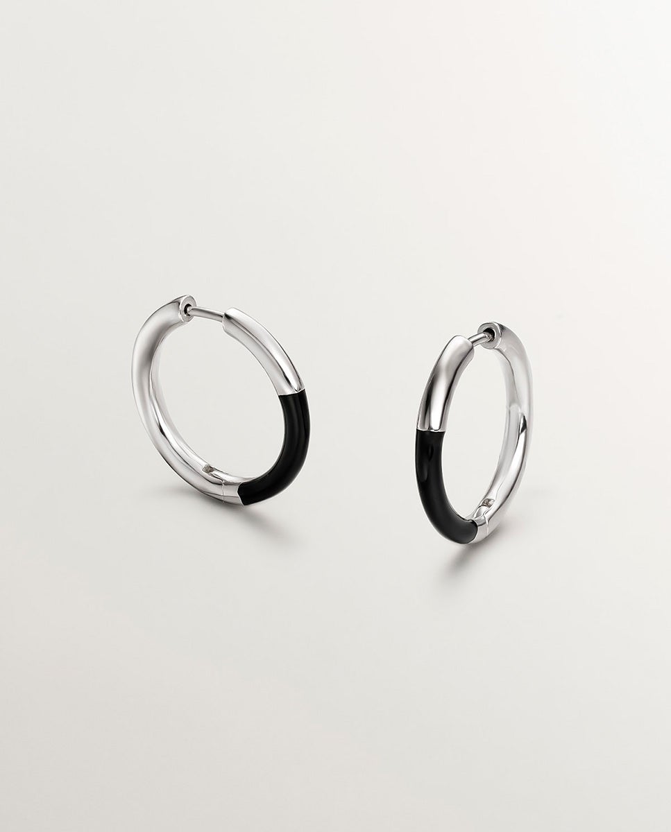 Brincos de Argola Média de Prata 925 com Esmalte Preto Preto-1