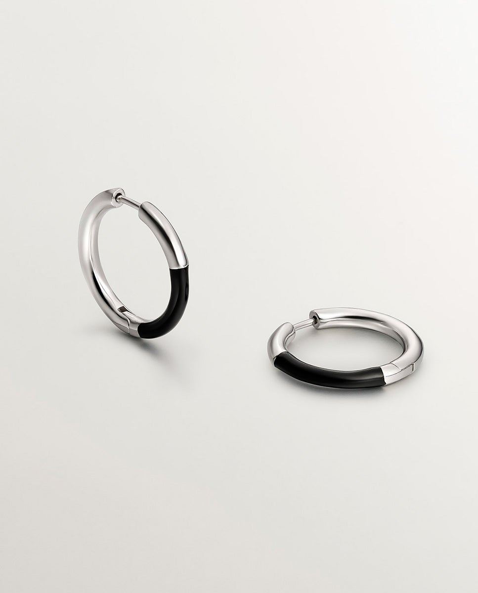 Brincos de Argola Média de Prata 925 com Esmalte Preto Preto-3