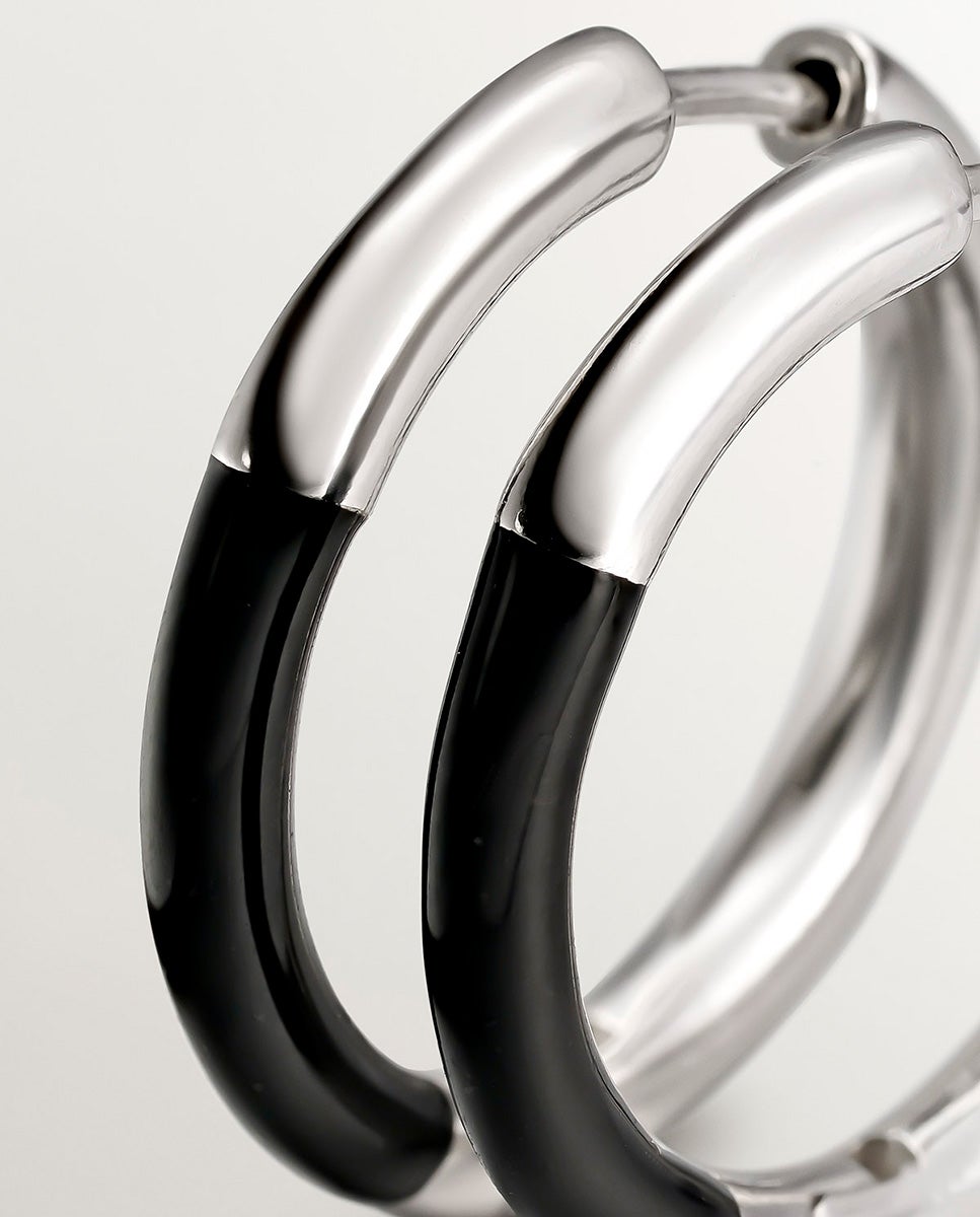 Brincos de Argola Média de Prata 925 com Esmalte Preto Preto-5