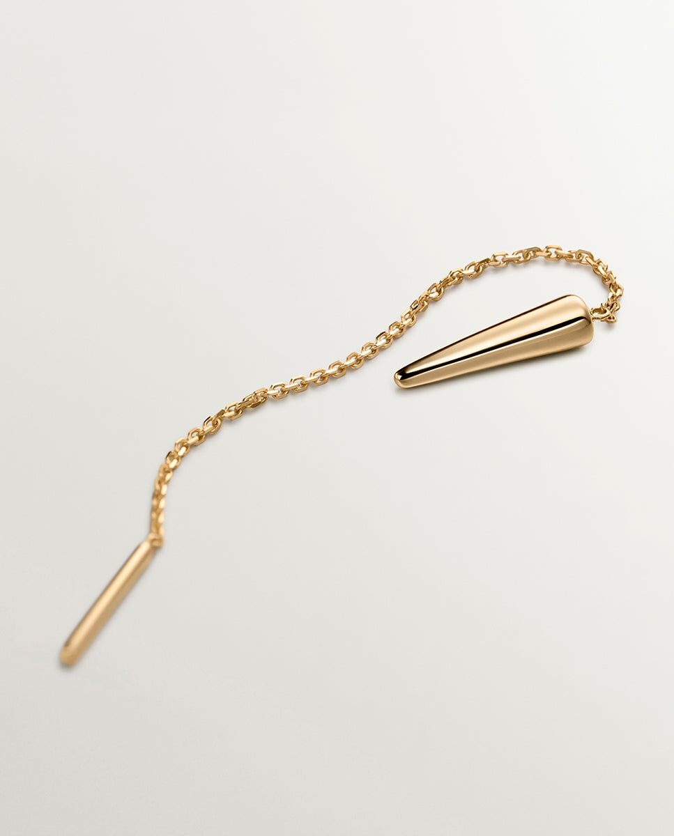 Brinco Individual de Ouro Amarelo de 9k com Corrente e Ponta Ouro-5