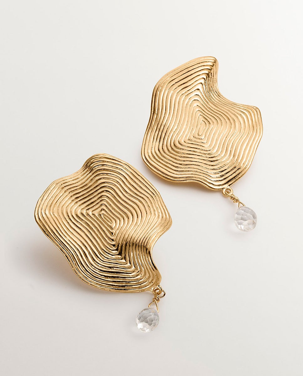 Brincos Ondulados Grandes de Prata 925 Banhada em Ouro Amarelo de 18k com Topázio Branco Branco-1
