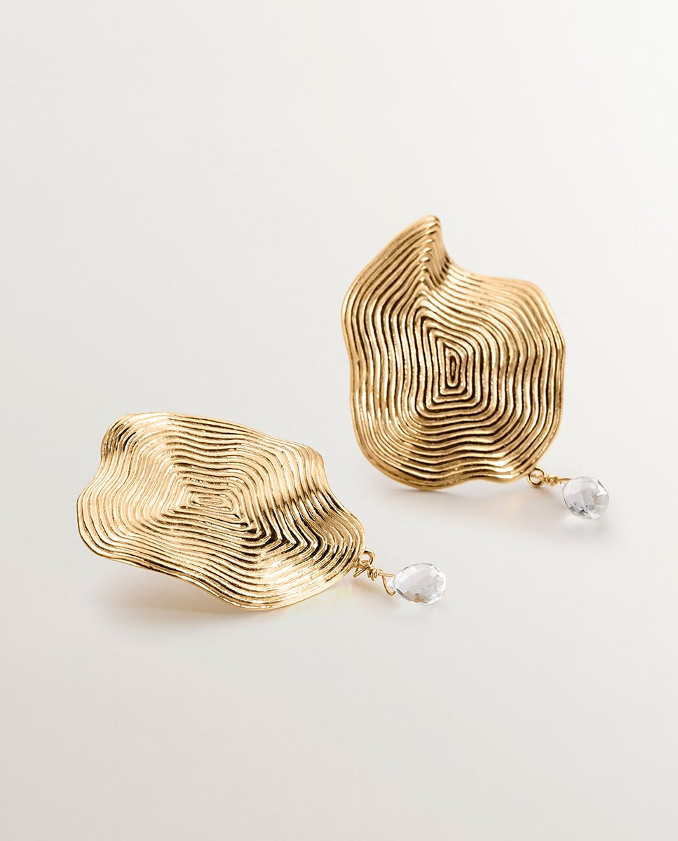 Brincos Ondulados Grandes de Prata 925 Banhada em Ouro Amarelo de 18k com Topázio Branco Branco-5