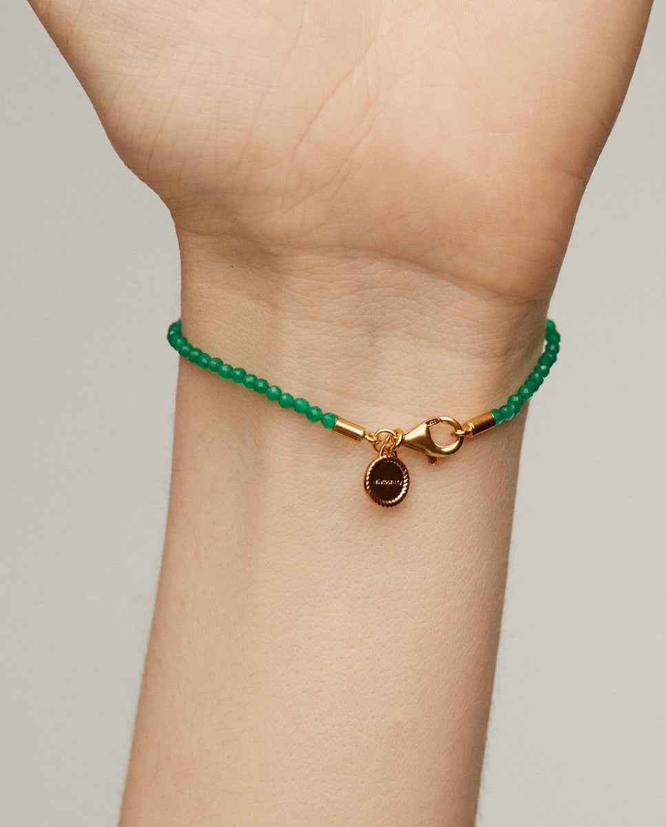 Pulseira de Prata 925 Banhada em Ouro Amarelo de 18k com Bolinhas de Ônix Verde Verde-2
