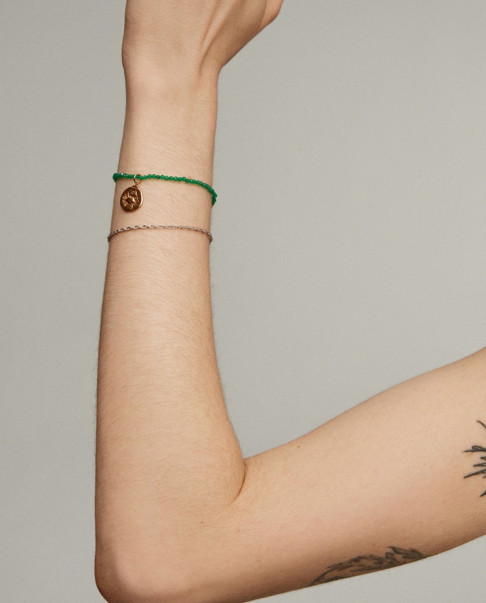 Pulseira de Prata 925 Banhada em Ouro Amarelo de 18k com Bolinhas de Ônix Verde Verde-6