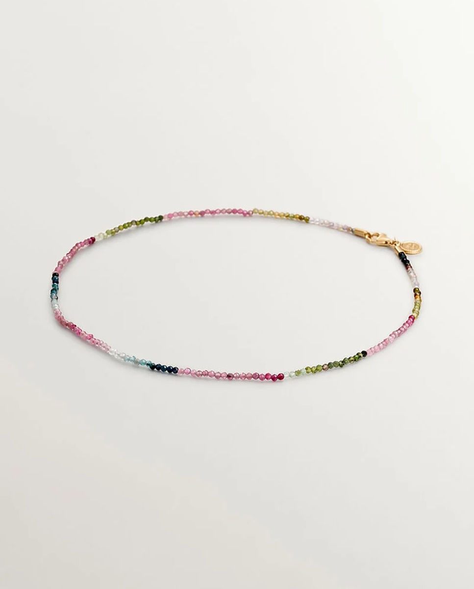 Colar de Prata 925 Banhada em Ouro Amarelo de 18k com Bolinhas de Turmalina Multicolor Multicolor-1