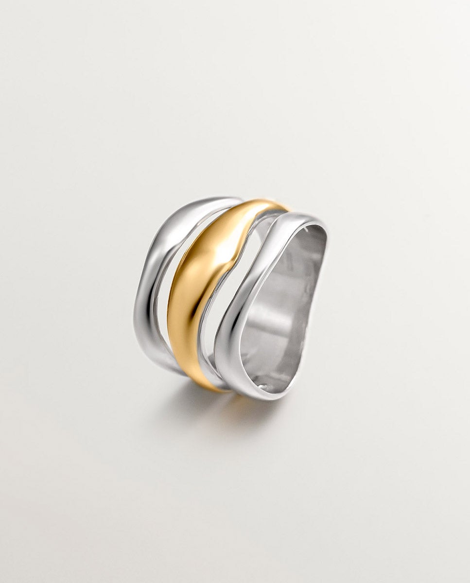Anel Triplo Bicolor de Prata 925 e Prata 925 Banhada em Ouro Amarelo de 18k Prata-1
