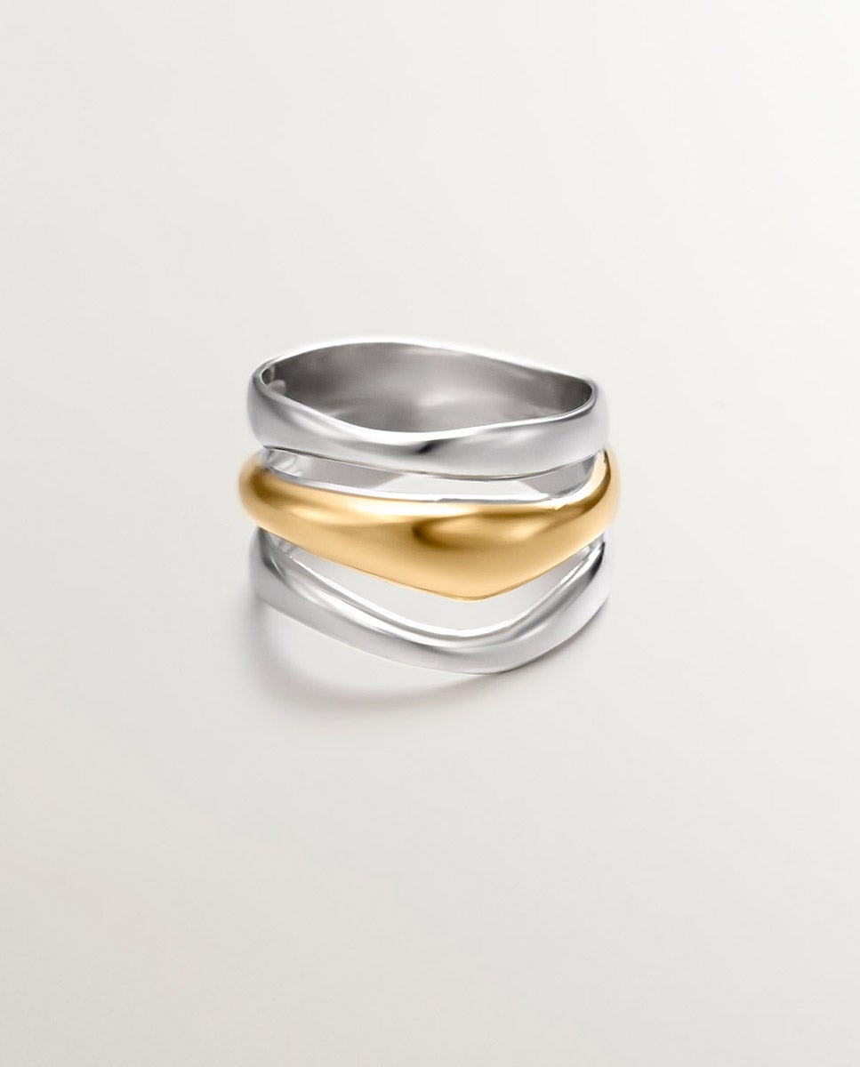 Anel Triplo Bicolor de Prata 925 e Prata 925 Banhada em Ouro Amarelo de 18k Prata-3