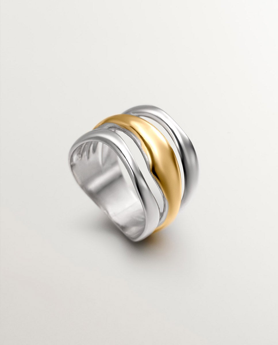 Anel Triplo Bicolor de Prata 925 e Prata 925 Banhada em Ouro Amarelo de 18k Prata-5