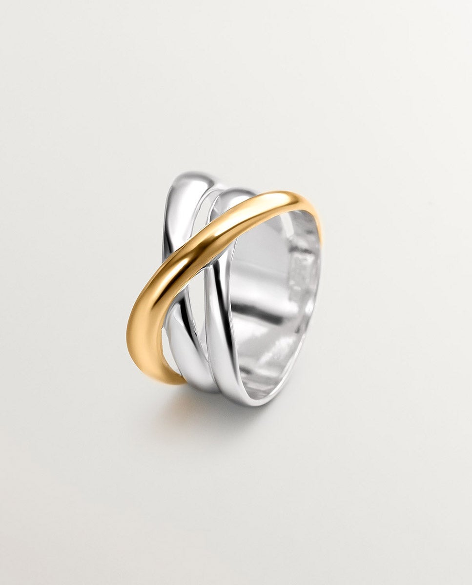 Anel Largo Triplo Cruzado Bicolor de Prata 925 e Prata 925 Banhada em Ouro Amarelo de 18k Multicolor-1
