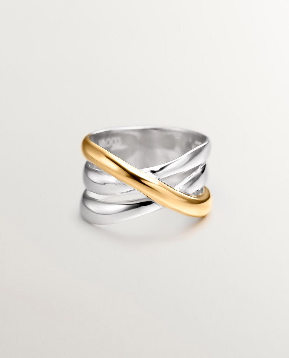 Anel Largo Triplo Cruzado Bicolor de Prata 925 e Prata 925 Banhada em Ouro Amarelo de 18k Multicolor-3