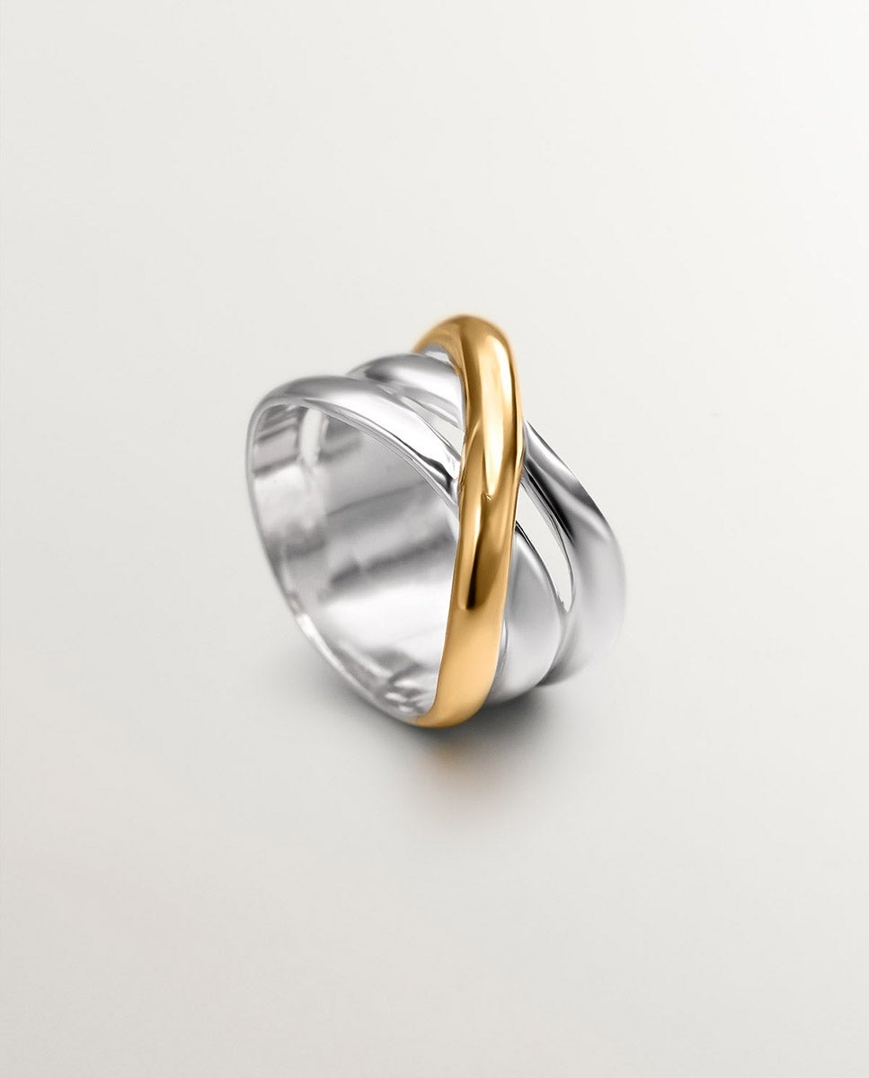 Anel Largo Triplo Cruzado Bicolor de Prata 925 e Prata 925 Banhada em Ouro Amarelo de 18k Multicolor-5
