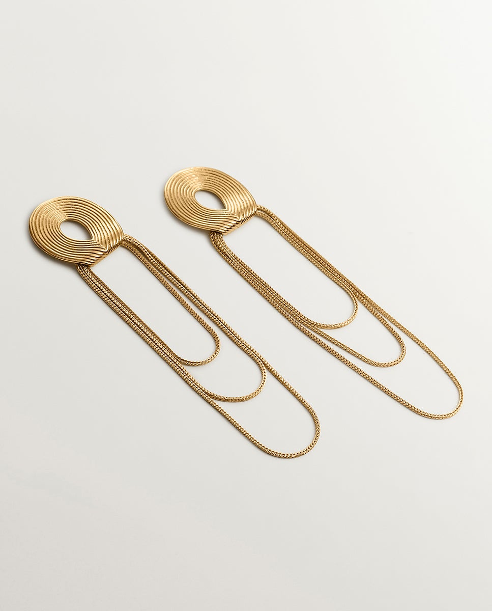 Brincos Grandes de Prata 925 Banhada a Ouro Amarelo de 18k com Relevo e Correntes Ouro-1