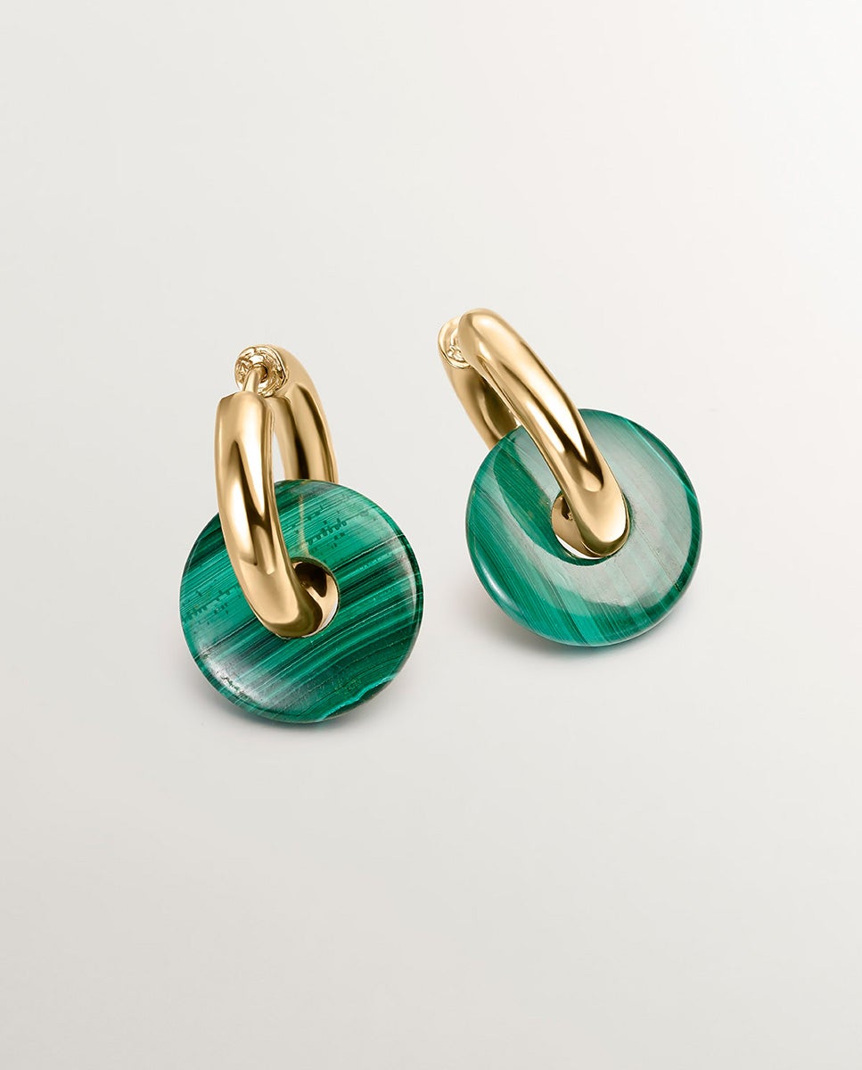 Brincos de Aro Médio em Prata 925 Banhada em Ouro Amarelo de 18k com Malaquita Verde Verde-1