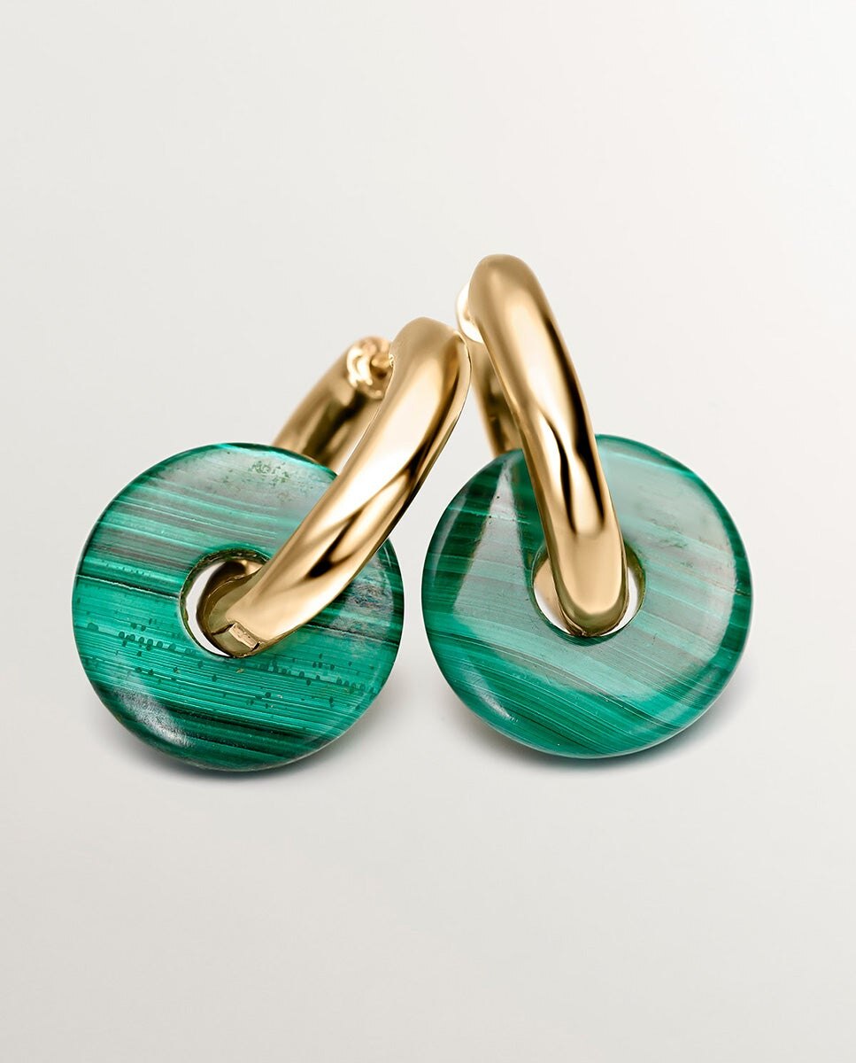 Brincos de Aro Médio em Prata 925 Banhada em Ouro Amarelo de 18k com Malaquita Verde Verde-5
