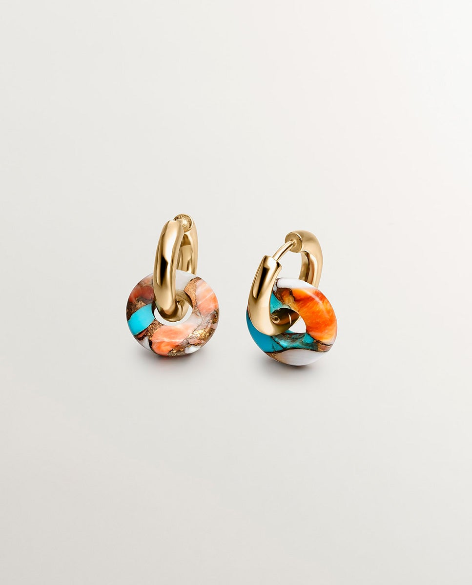 Brincos de Aro Médios em Prata 925 Banhada em Ouro Amarelo de 18k com Turquesa Multicolor Azul-1