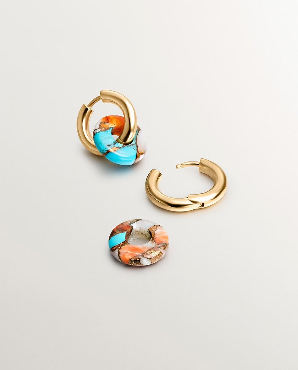 Brincos de Aro Médios em Prata 925 Banhada em Ouro Amarelo de 18k com Turquesa Multicolor Azul-3