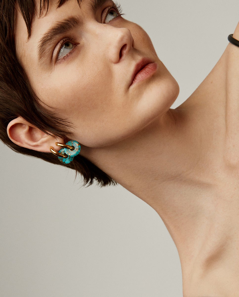 Brincos de Argola de Prata 925 Banhada em Ouro Amarelo de 18k com Turquesa Azul-2