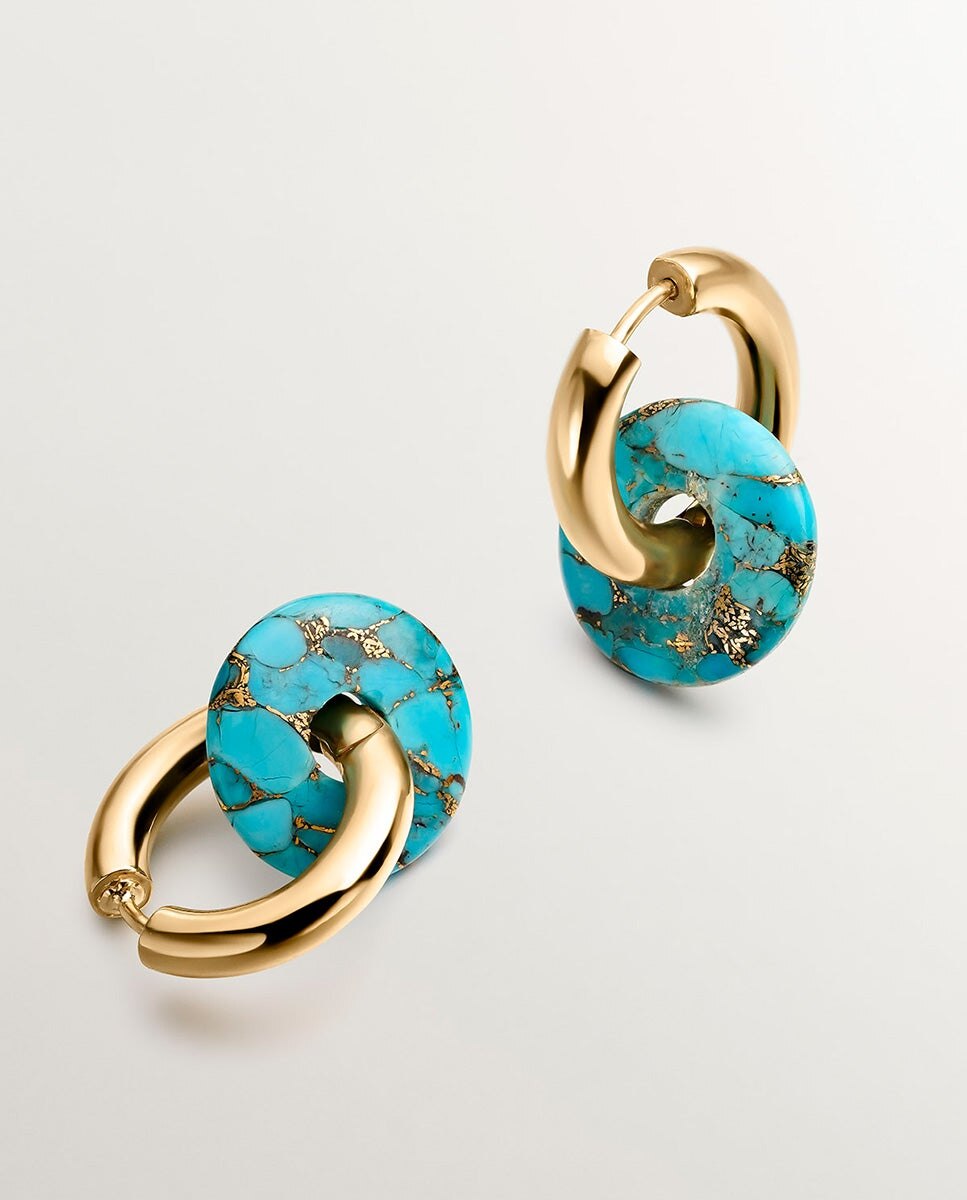 Brincos de Argola de Prata 925 Banhada em Ouro Amarelo de 18k com Turquesa Azul-3