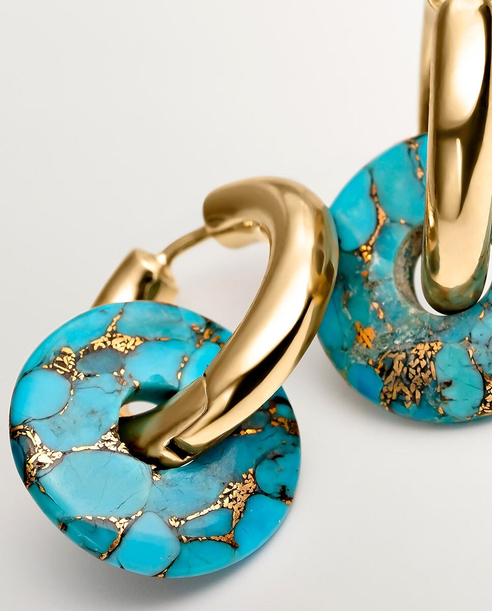 Brincos de Argola de Prata 925 Banhada em Ouro Amarelo de 18k com Turquesa Azul-5
