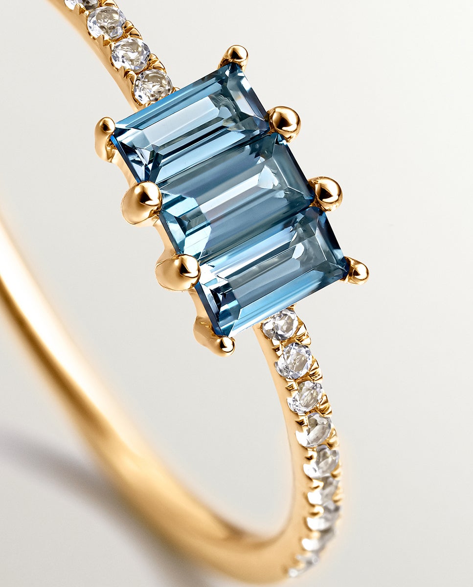 Anel Tresillo de Prata 925 com Topázios Azul London e Topázios Brancos Azul-oceano-5