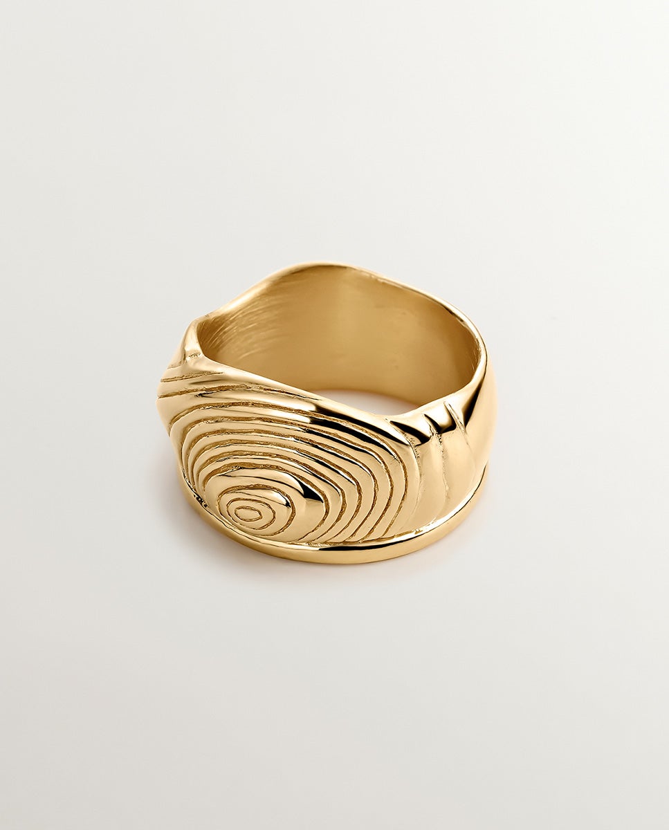 Anel Largo de Prata 925 Banhada em Ouro Amarelo de 18k com Relevo e Forma Irregular Ouro-3
