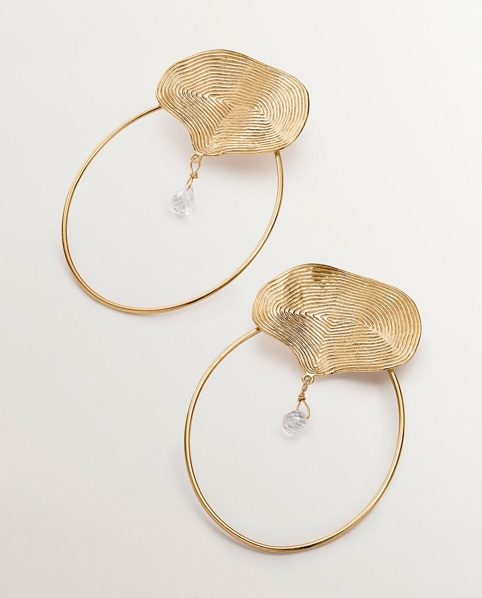 Brincos de Aro Grandes de Prata 925 Banhada a Ouro Amarelo de 18k com Relevo e Topázio Branco Branco-1