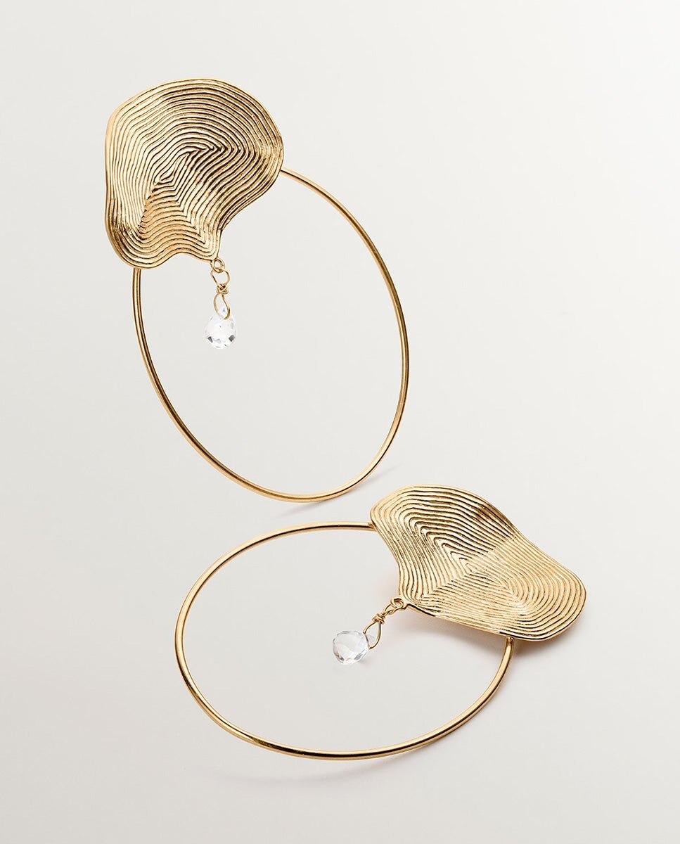 Brincos de Aro Grandes de Prata 925 Banhada a Ouro Amarelo de 18k com Relevo e Topázio Branco Branco-3