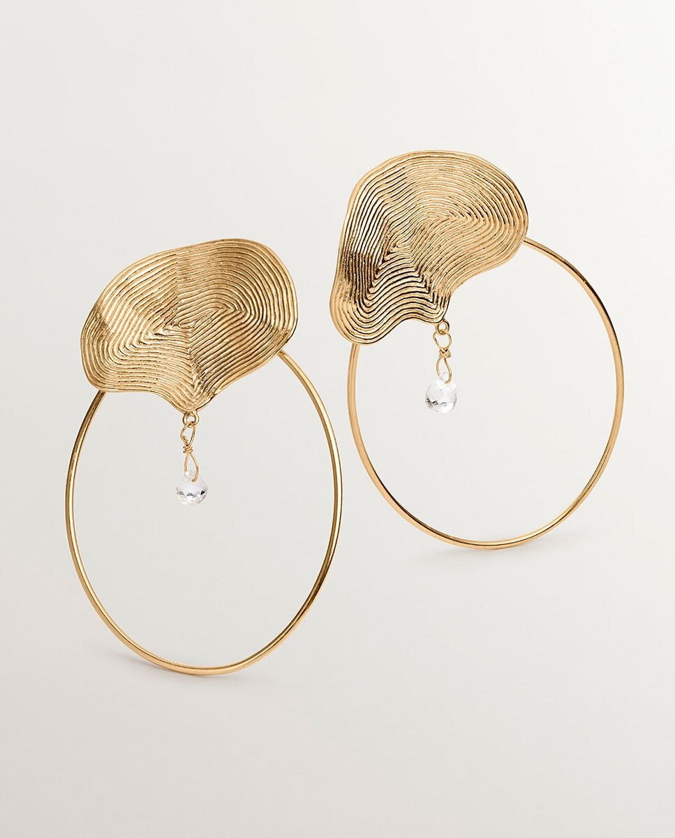Brincos de Aro Grandes de Prata 925 Banhada a Ouro Amarelo de 18k com Relevo e Topázio Branco Branco-5