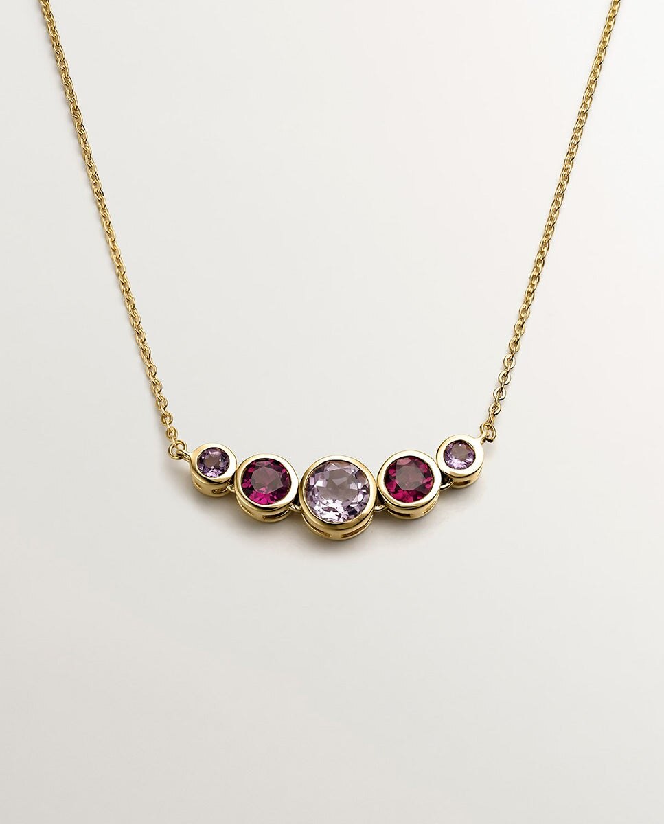 Pendente de Prata 925 Banhada em Ouro Amarelo de 18k com Rodolitas Rosa e Ametistas Roxas Roxo-1