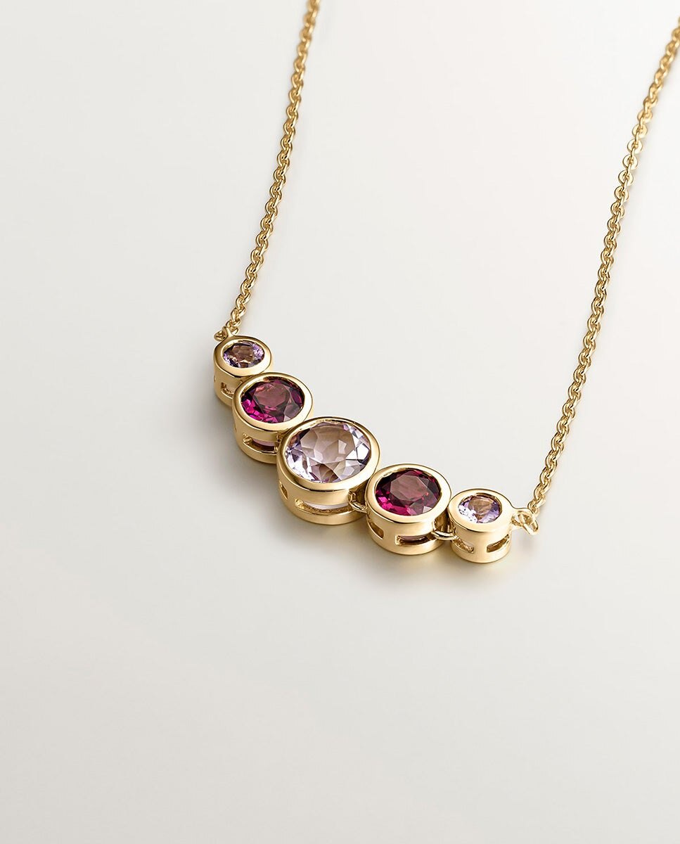 Pendente de Prata 925 Banhada em Ouro Amarelo de 18k com Rodolitas Rosa e Ametistas Roxas Roxo-3