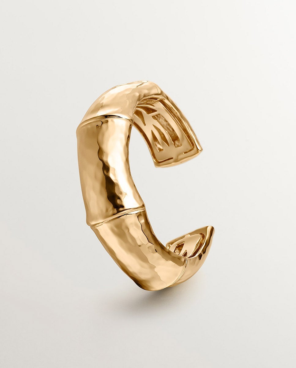Bracelete Rígido de Prata 925 Banhada em Ouro Amarelo de 18k com Forma de Bambu Ouro-1