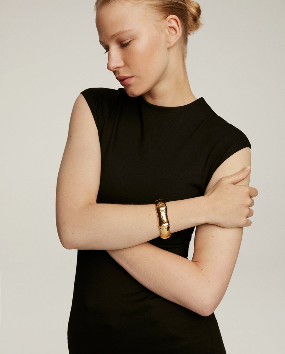 Bracelete Rígido de Prata 925 Banhada em Ouro Amarelo de 18k com Forma de Bambu Ouro-2