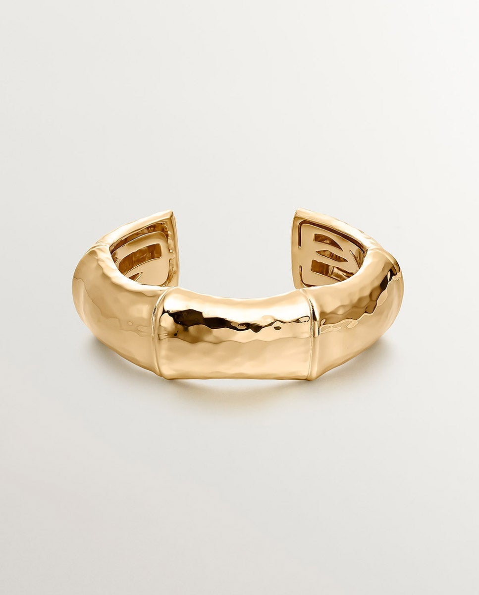 Bracelete Rígido de Prata 925 Banhada em Ouro Amarelo de 18k com Forma de Bambu Ouro-3