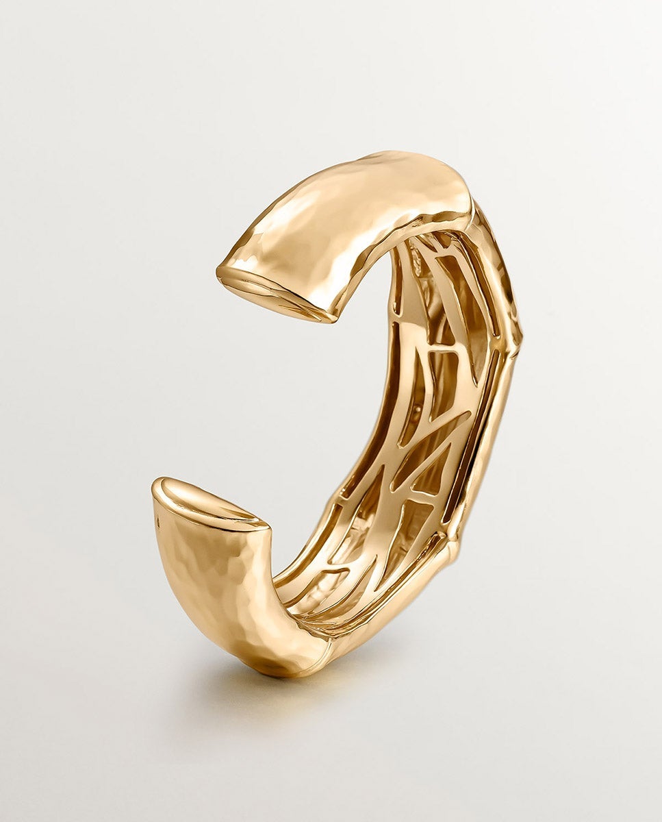 Bracelete Rígido de Prata 925 Banhada em Ouro Amarelo de 18k com Forma de Bambu Ouro-5