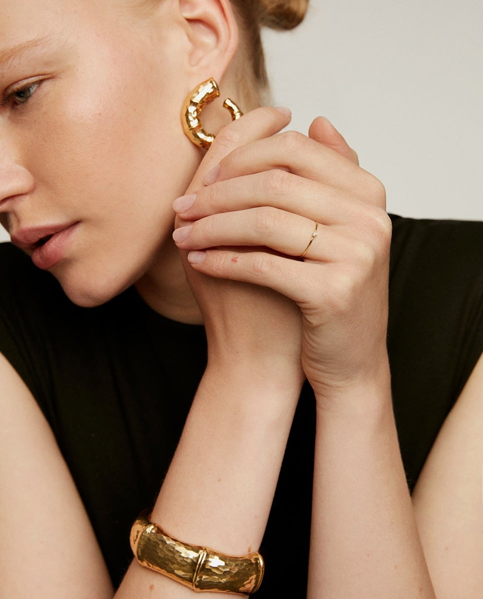 Bracelete Rígido de Prata 925 Banhada em Ouro Amarelo de 18k com Forma de Bambu Ouro-6