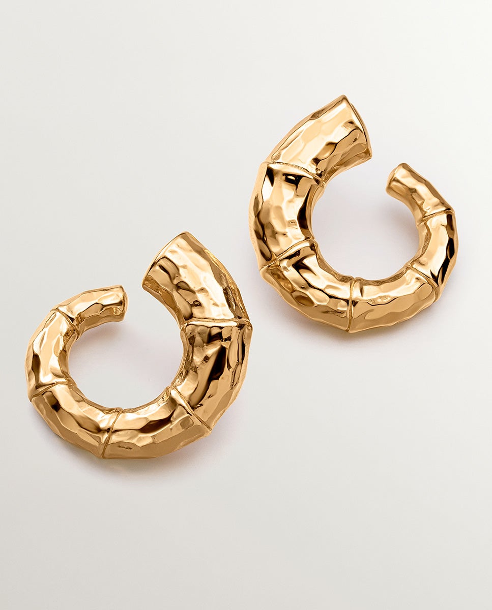 Brincos Grandes de Argola de Prata 925 Banhada em Ouro Amarelo de 18k com Textura de Bambu Ouro-1