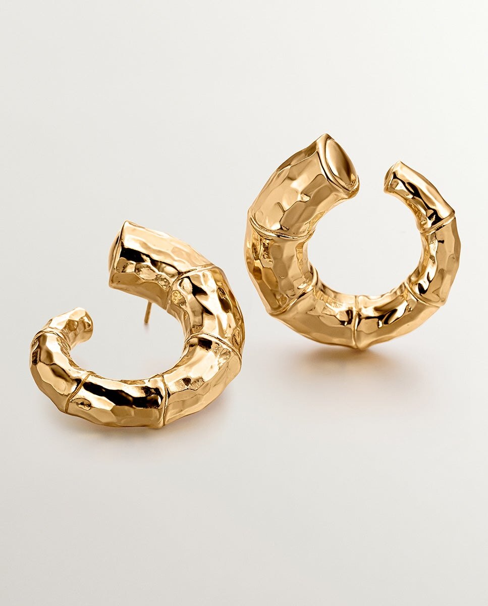 Brincos Grandes de Argola de Prata 925 Banhada em Ouro Amarelo de 18k com Textura de Bambu Ouro-3