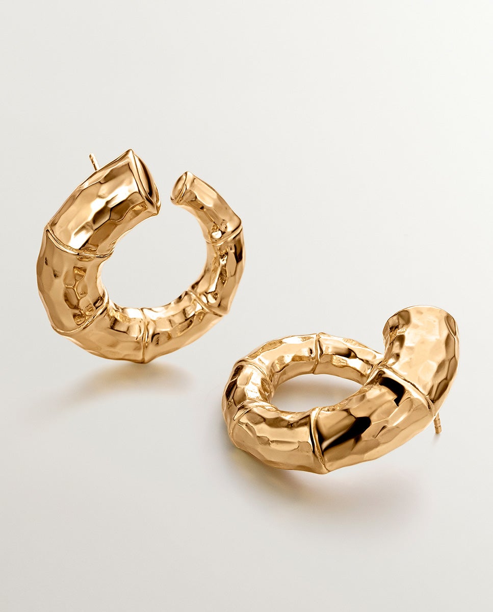 Brincos Grandes de Argola de Prata 925 Banhada em Ouro Amarelo de 18k com Textura de Bambu Ouro-5