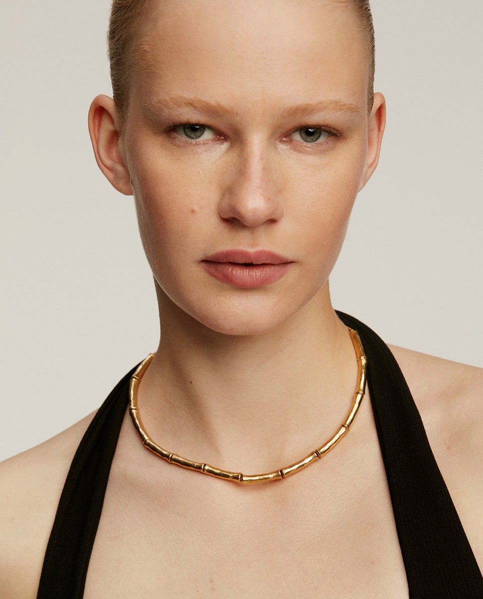 Colar de Prata 925 Banhada em Ouro Amarelo de 18k com Textura de Bambu Ouro-2