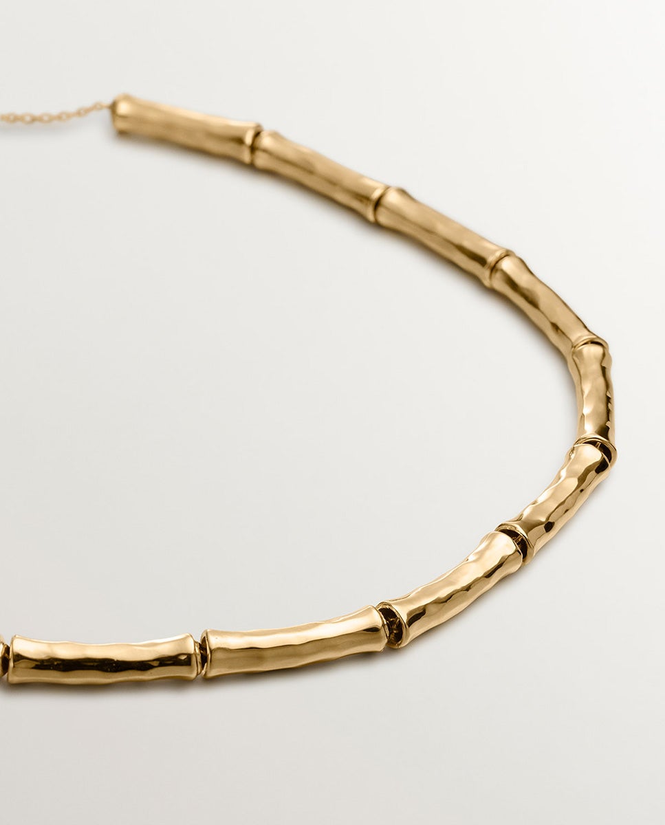 Colar de Prata 925 Banhada em Ouro Amarelo de 18k com Textura de Bambu Ouro-3