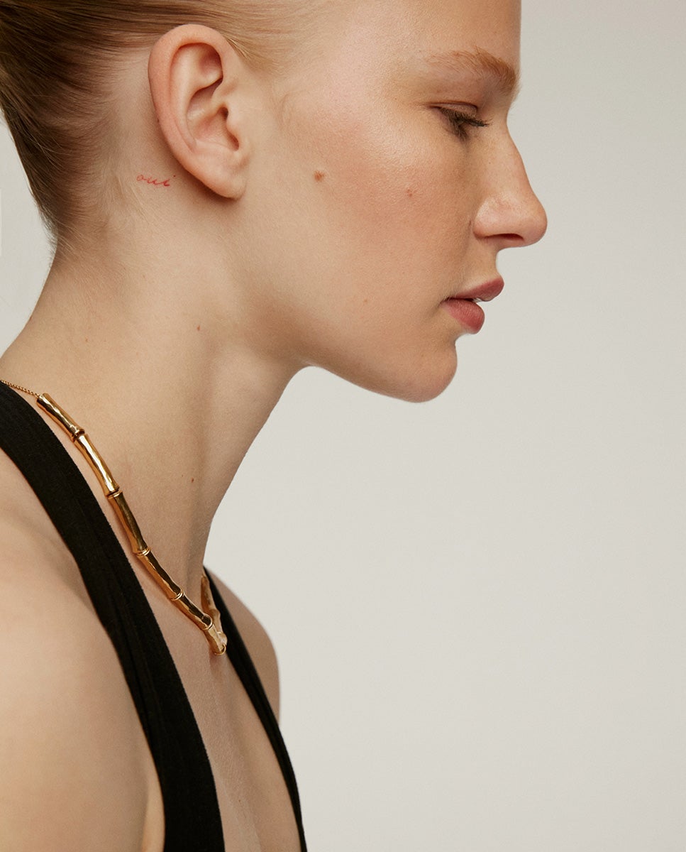 Colar de Prata 925 Banhada em Ouro Amarelo de 18k com Textura de Bambu Ouro-4