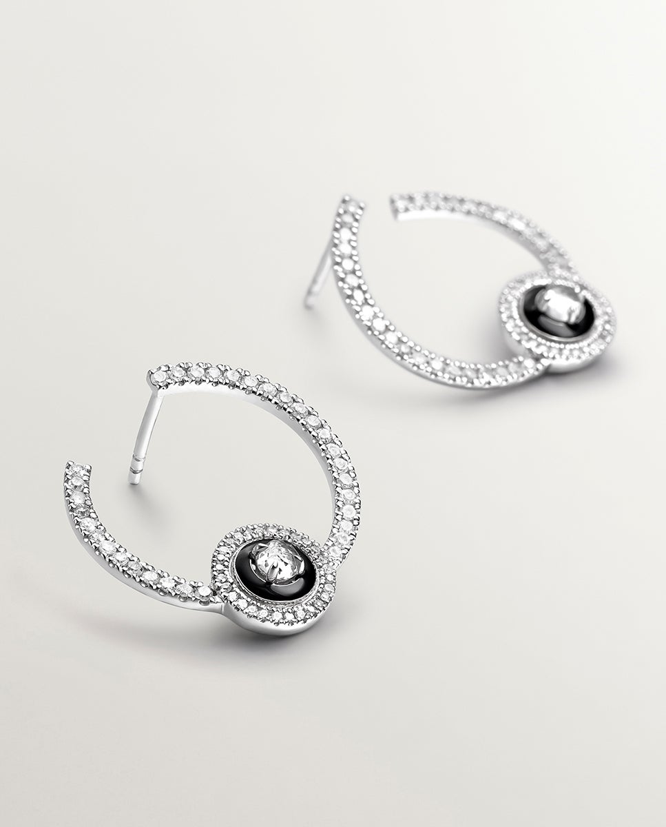 Brincos de Aro de Prata 925 com Topázio Branco, Diamantes Brancos e Esmalte Preto Branco-1