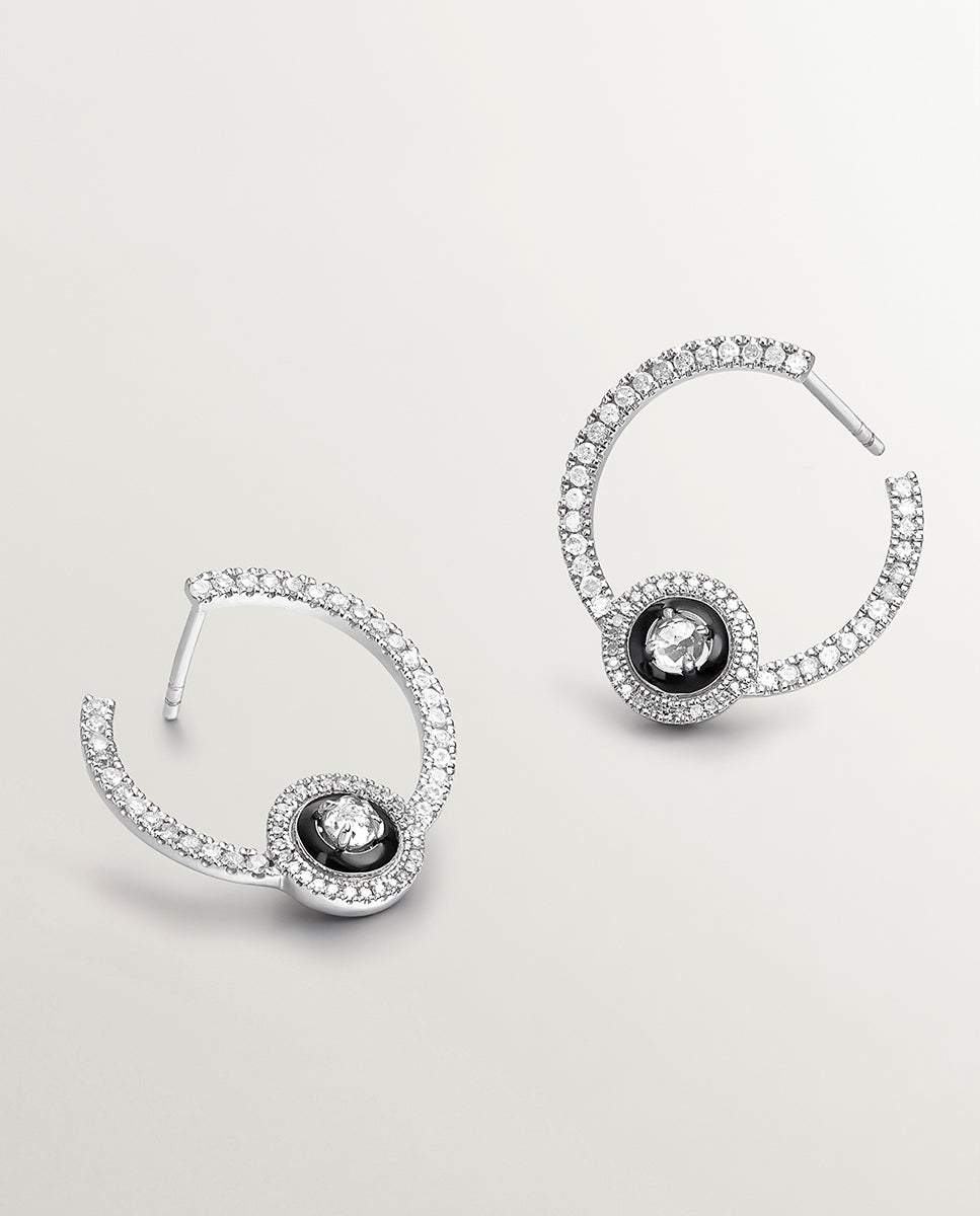Brincos de Aro de Prata 925 com Topázio Branco, Diamantes Brancos e Esmalte Preto Branco-6