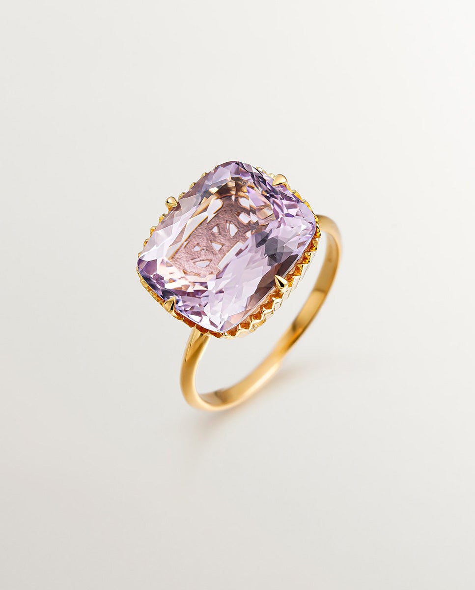 Anel Tipo Cocktail de Prata 925 Banhada em Ouro Amarelo de 18k com Ametista Rosa Rosa-1
