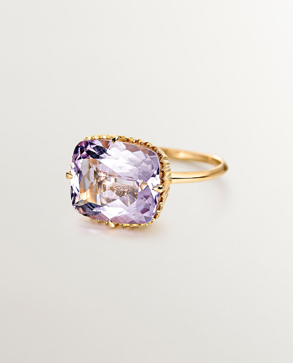 Anel Tipo Cocktail de Prata 925 Banhada em Ouro Amarelo de 18k com Ametista Rosa Rosa-3
