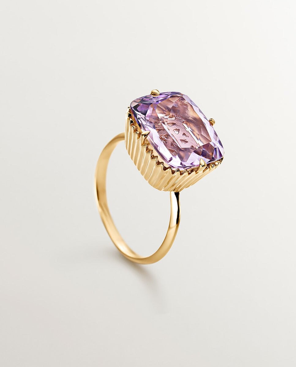 Anel Tipo Cocktail de Prata 925 Banhada em Ouro Amarelo de 18k com Ametista Rosa Rosa-5