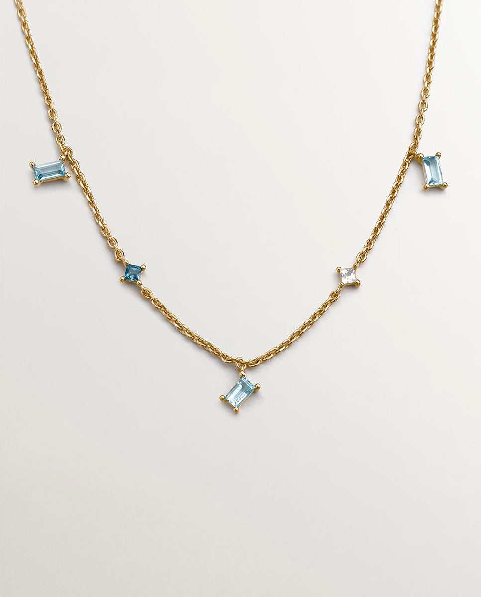 Colar de Prata 925 Banhada a Ouro Amarelo de 18k com Topázios Azul London, Azul Swiss e Brancos Azul-oceano-1